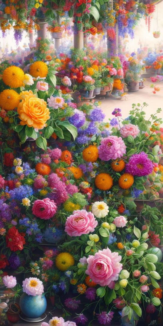 Colorful Floral Display with Abundant Flowers and Hanging Plants