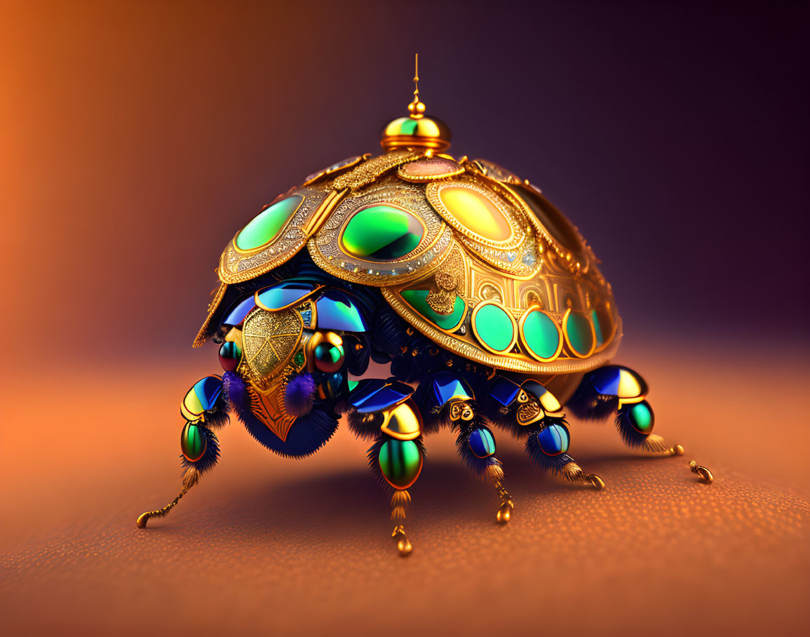Ornate mechanical beetle with jewel-encrusted shell on amber background