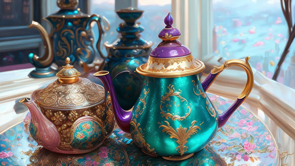 Elegant teapots with gold accents by city skyline window