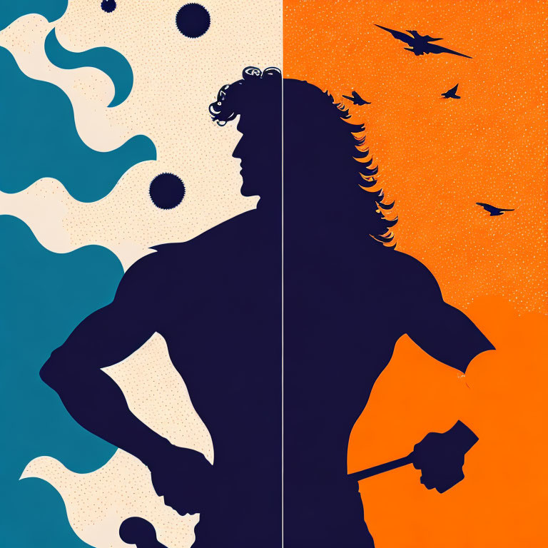 Split-image of muscular figure silhouettes on blue and orange backgrounds
