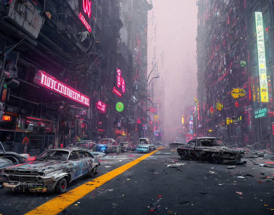 Dystopian city street with neon signs and abandoned cars