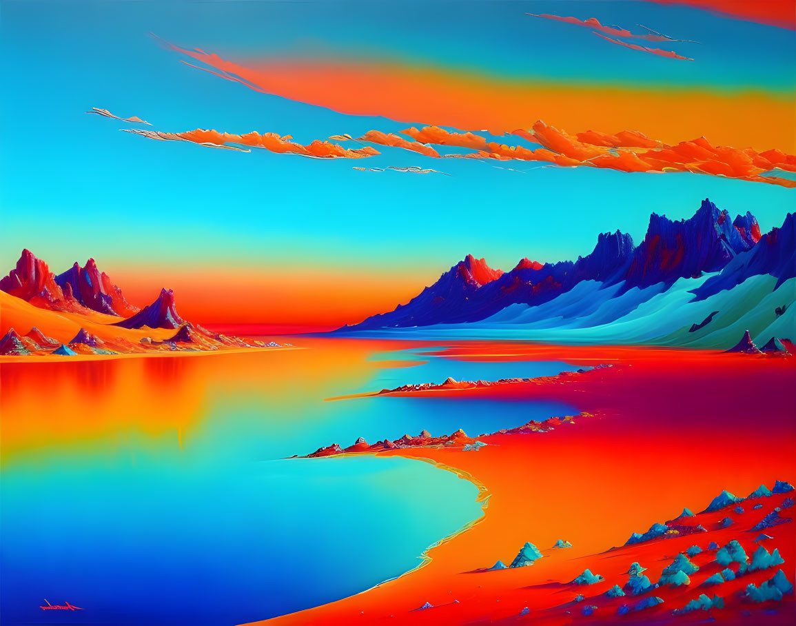 Colorful landscape with orange clouds, blue water, and jagged mountains