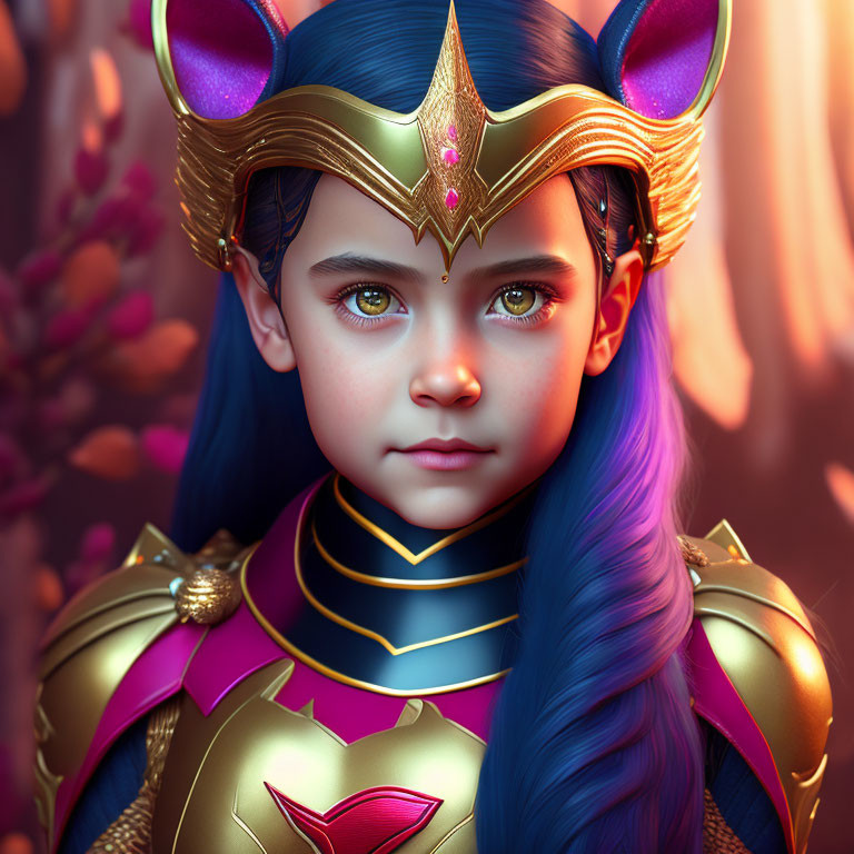Young girl with blue and purple hair in golden fantasy armor and crown
