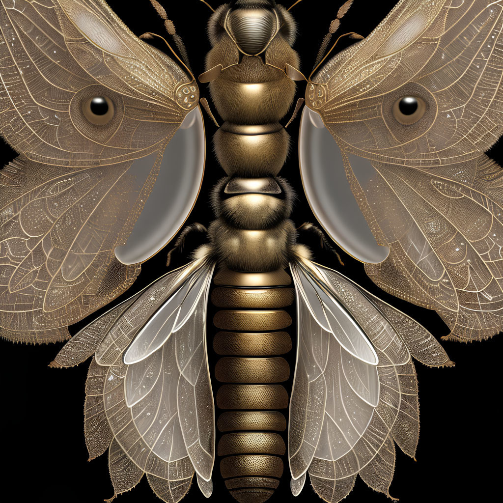 Detailed digital illustration: Golden patterned moth on black background