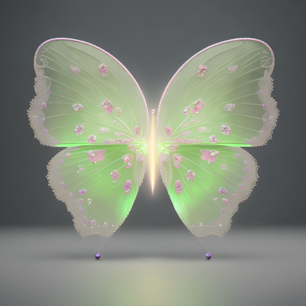 Digitally-rendered butterfly with jeweled wings and pink flowers