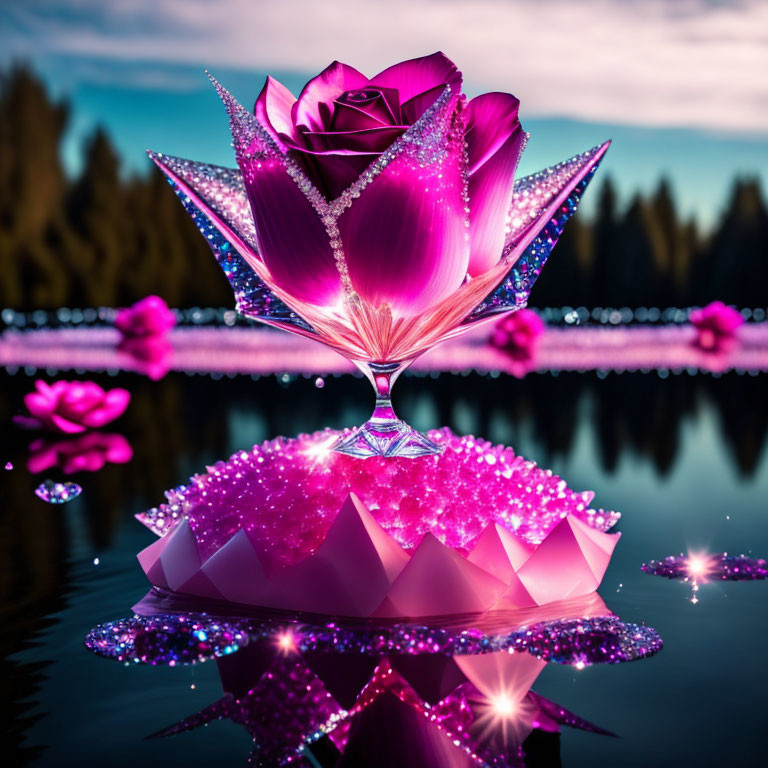 Digitally Enhanced Rose in Glass Structure with Pink Crystals