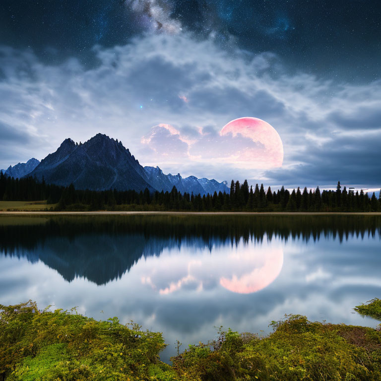 Twilight landscape with lake, mountain range, forest, starry sky, and reddish moon