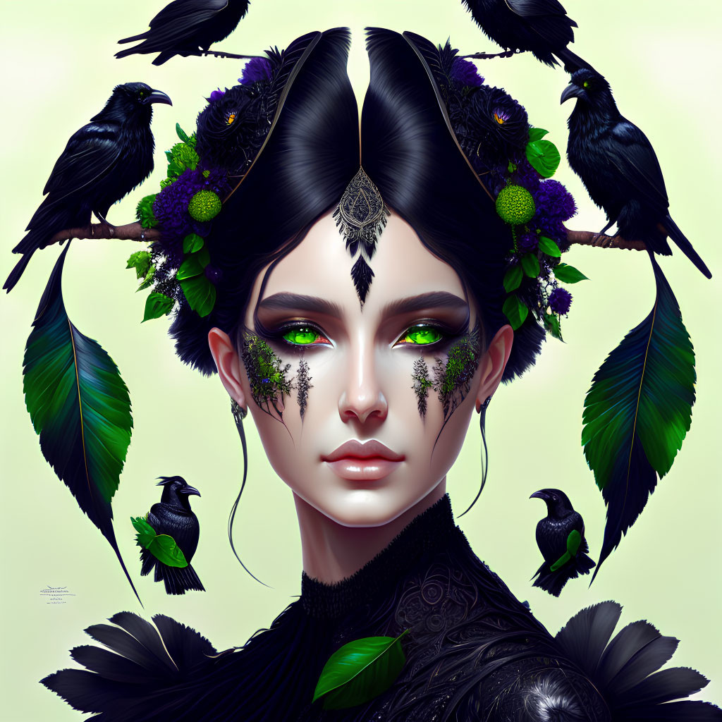 Stylized portrait of woman with dark hair, feathers, leaves, purple flowers, and ravens