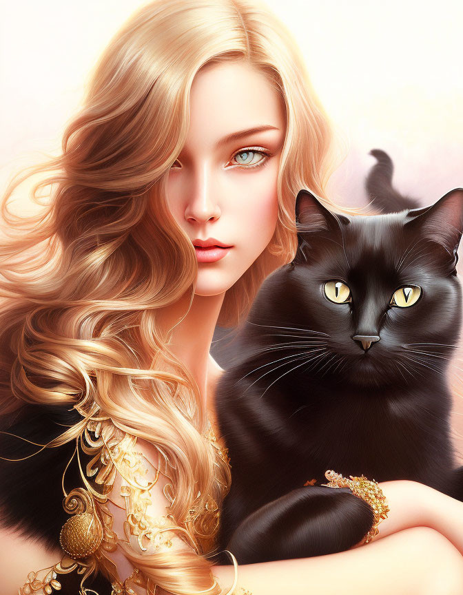 Digital artwork: Woman with flowing blonde hair and black cat with yellow eyes.