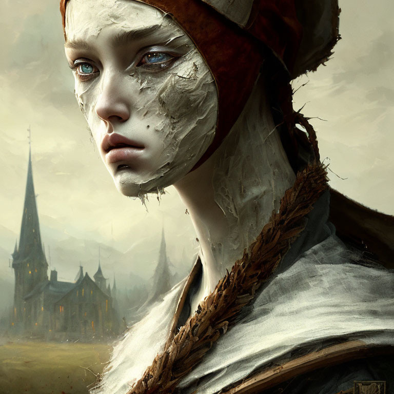 Portrait of person with blue eyes, headscarf, and white markings, against gothic castle.
