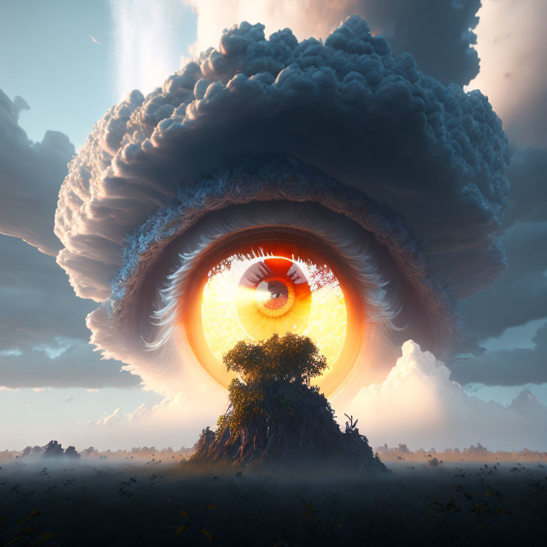 Surreal landscape featuring giant eye in mushroom cloud overlooking dramatic sky