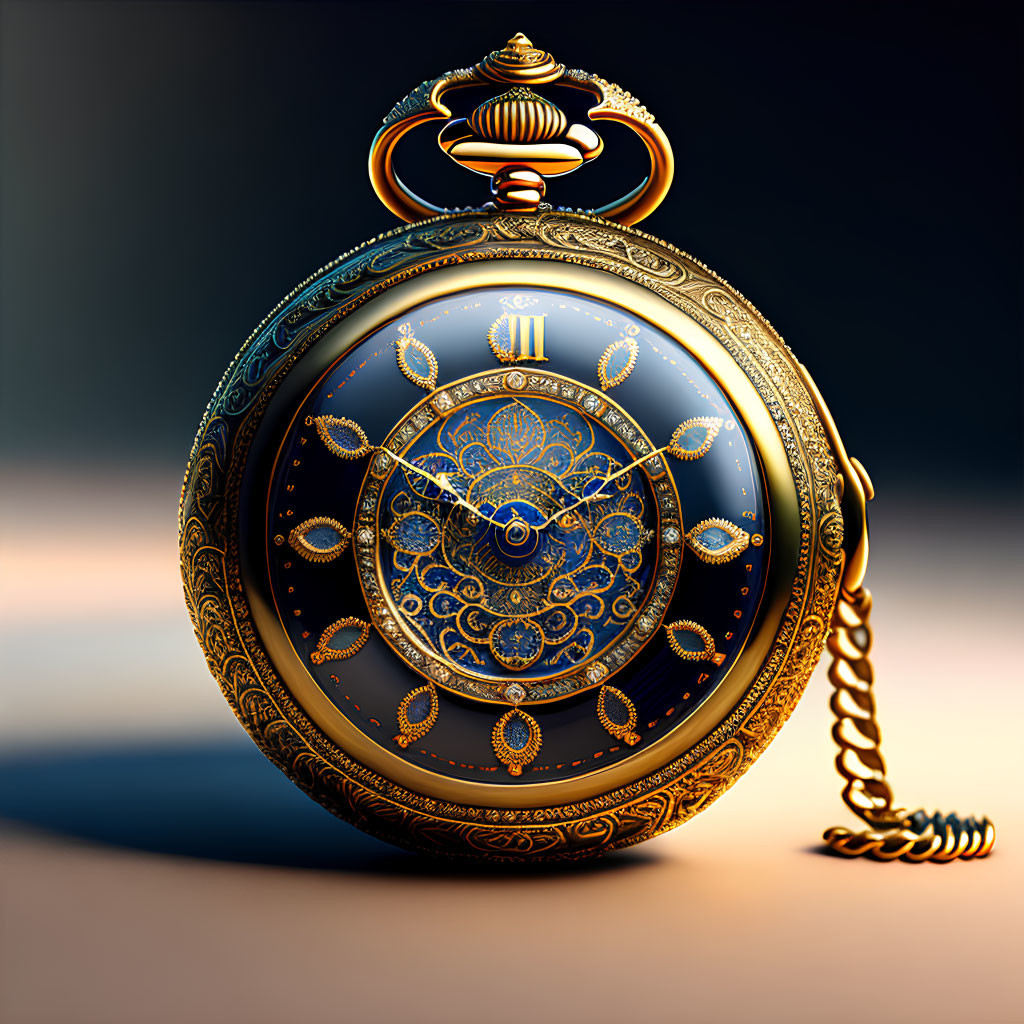 Vintage Pocket Watch with Gold Details and Blue Enamel on Chain
