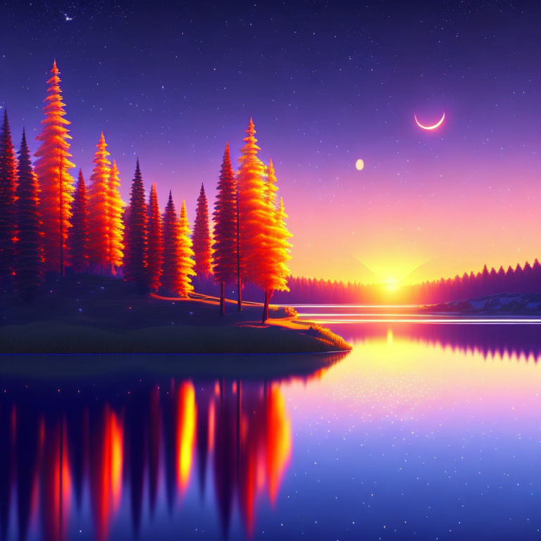 Tranquil lake at sunset with silhouetted pine trees under crescent moon