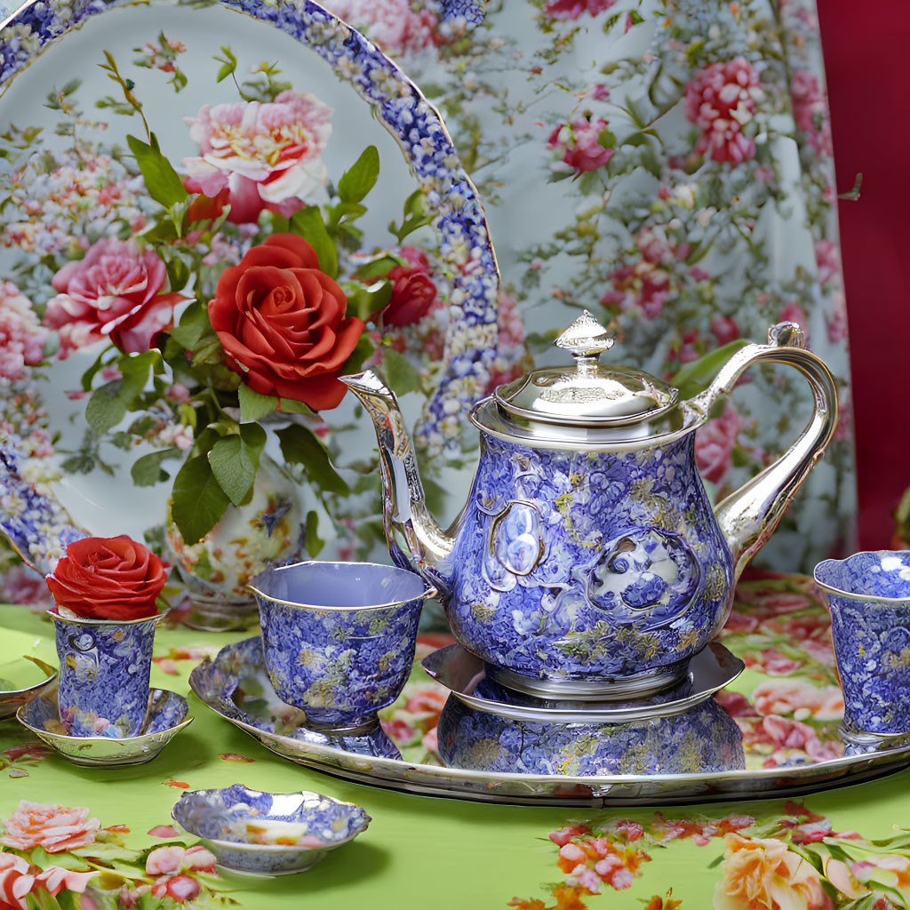 Floral-patterned tea set on green tablecloth with teapot, cups, and plate
