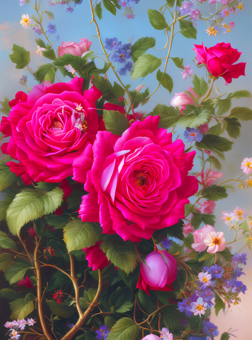 Large Pink Roses Bouquet with Blue and Pink Flowers on Soft Cloud Background
