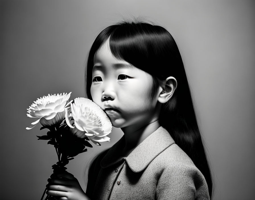 Monochrome portrait of young girl with flowers, gazing pensively