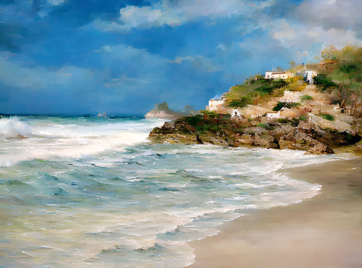 Tranquil beach scene with crashing waves, rocky cliff, green foliage