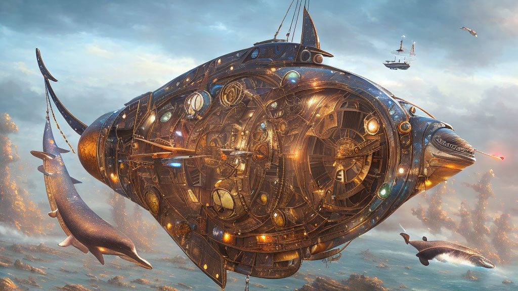 Fantastical fish-shaped airship amidst clouds with airborne whales