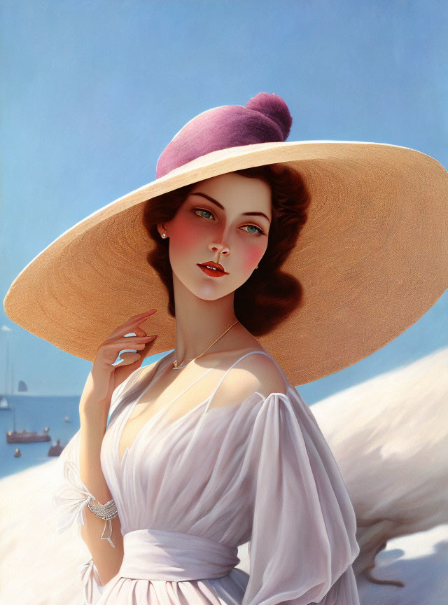 Illustration of elegant woman in wide-brimmed hat and white dress by sea with sailboats