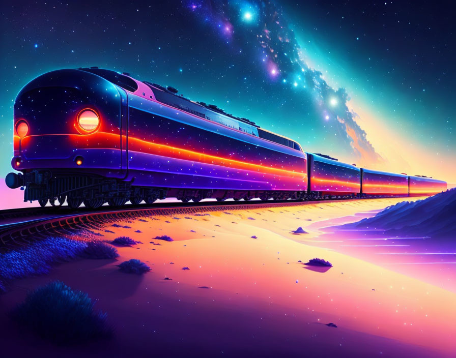 Colorful night train illustration with purple, pink, and blue hues