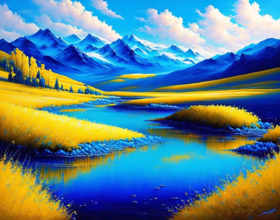 Vivid Blue River in Golden Fields with Blue Flowers
