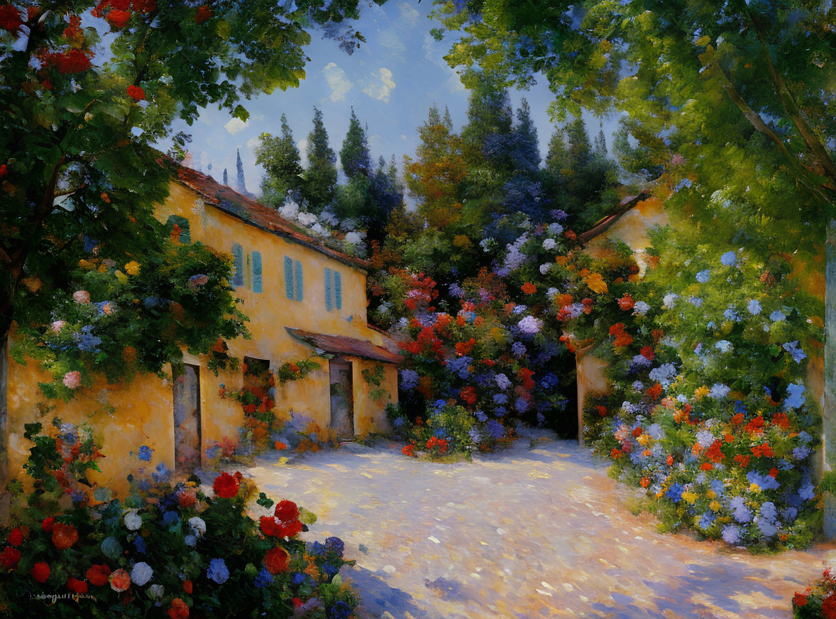 Sunlit Courtyard with Yellow House and Colorful Flowers