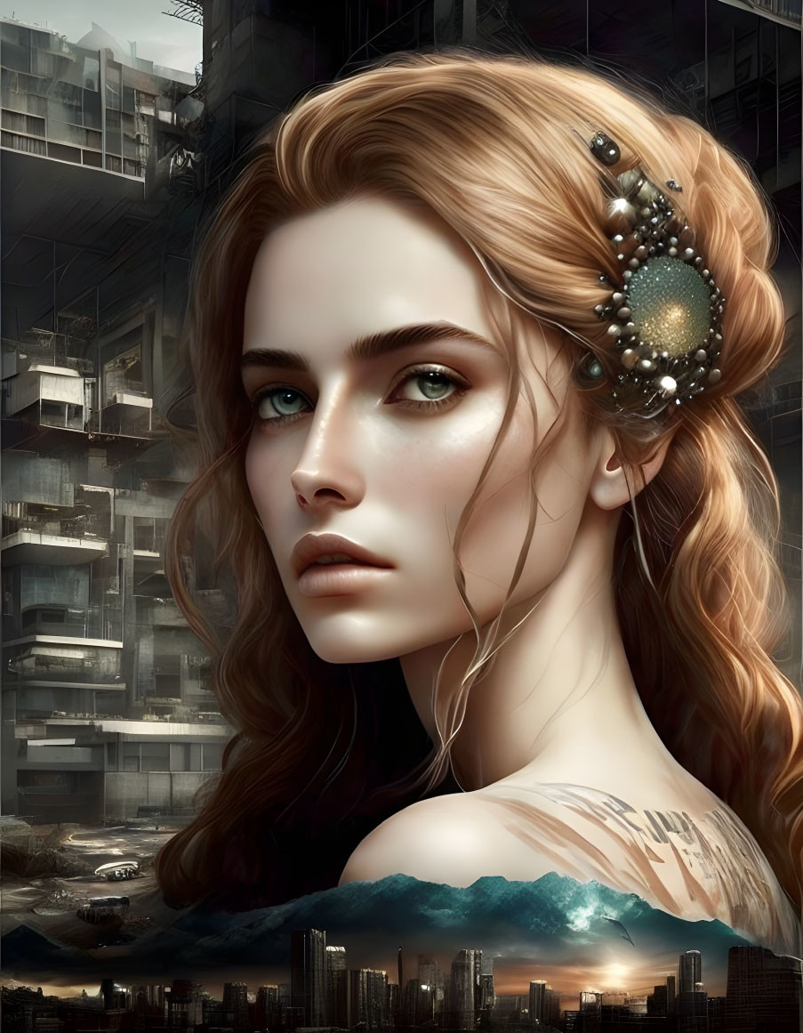 Digital artwork: Woman with wavy hair, jeweled accessory, green eyes, cityscape reflection on