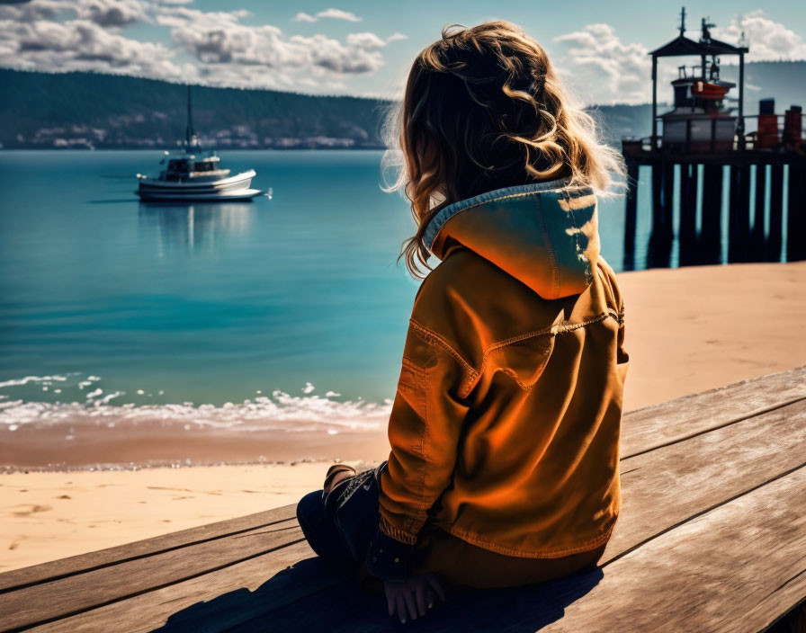Person in Yellow Jacket Sitting on Wooden Pier by Serene Blue Lake