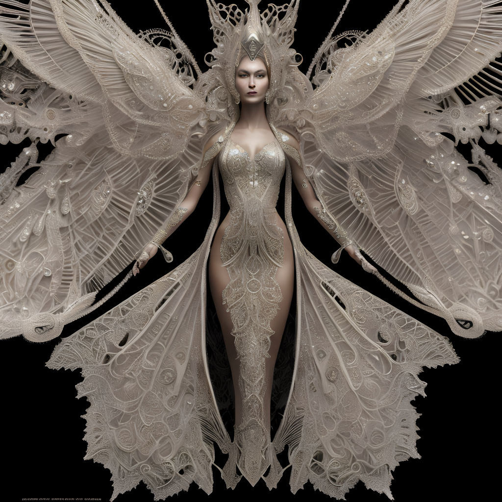 Majestic fantasy figure with lace-like wings and silver gown