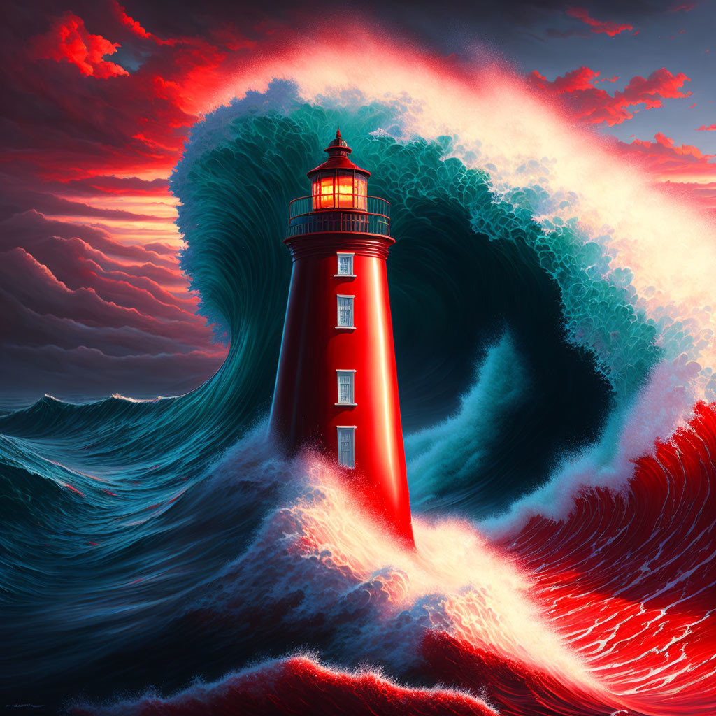 Digital artwork: Red lighthouse in stormy seas