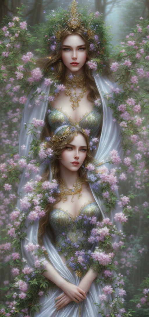 Ethereal artwork featuring two women in ornate gold jewelry and elaborate headdresses in a mystical forest