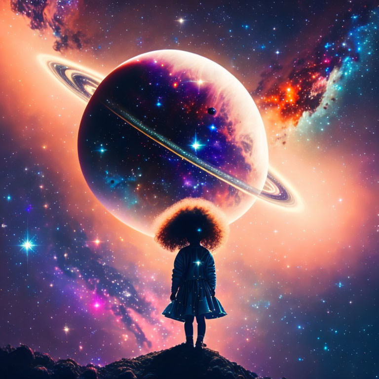 Silhouette of a person with an afro admiring cosmic scene with galaxies and ringed planet