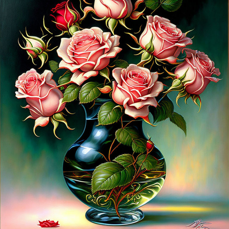 Pink Roses Bouquet in Black Vase on Soft-focus Background