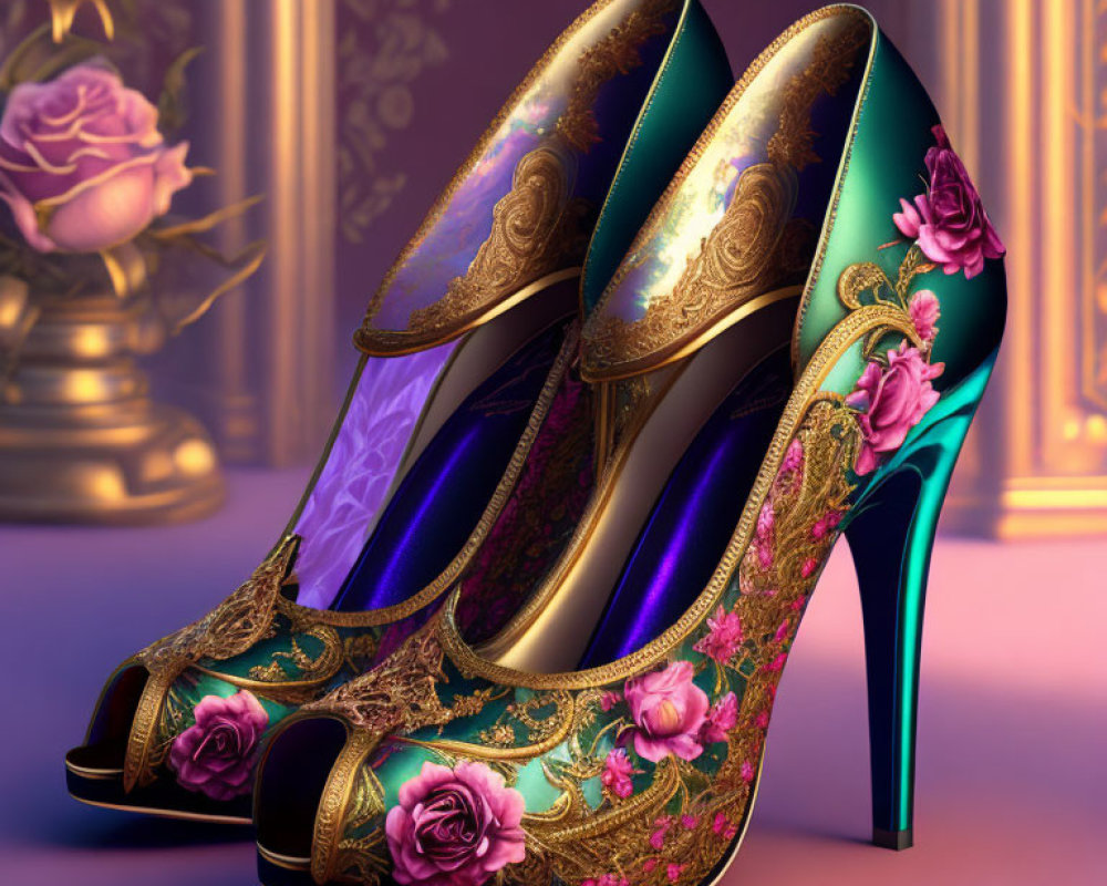 Golden Floral Pattern High-Heeled Shoes with Vibrant Roses