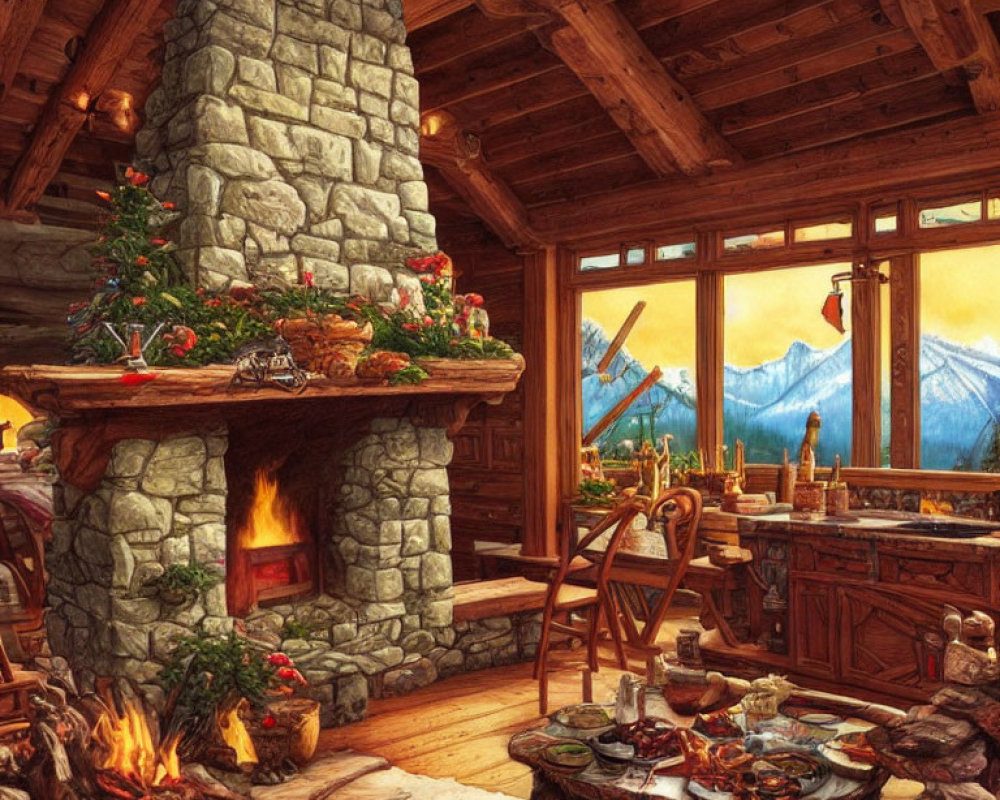 Rustic cabin interior with stone fireplace, festive decor, wooden beams, rustic kitchen, mountain view