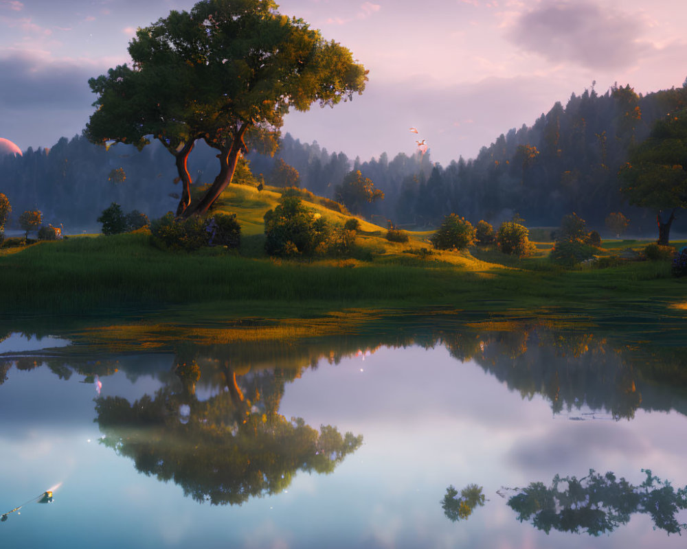 Tranquil dusk landscape with large reflecting tree by calm lake