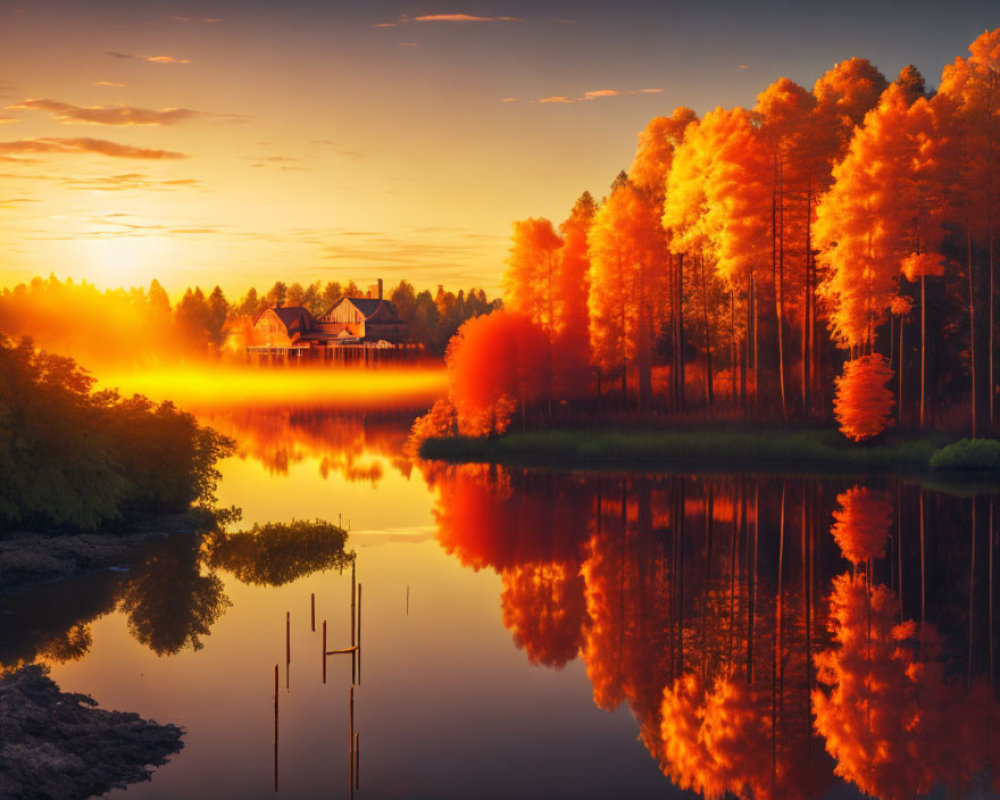Autumnal forest and house by tranquil lake at sunset