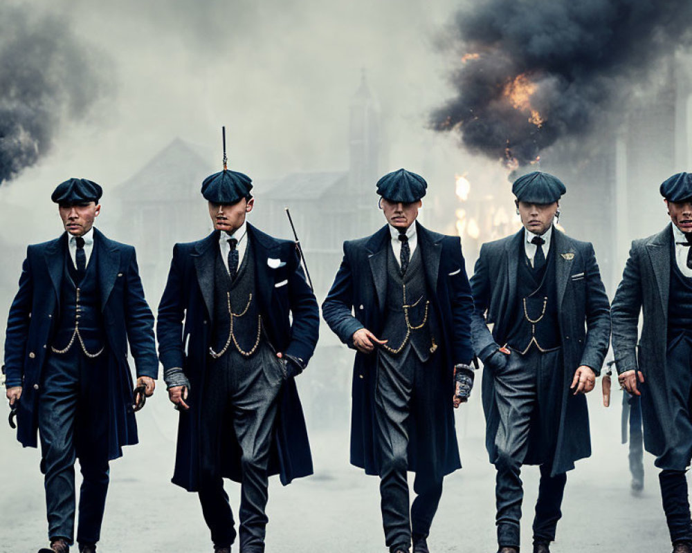Vintage-suited men walking amid industrial backdrop.