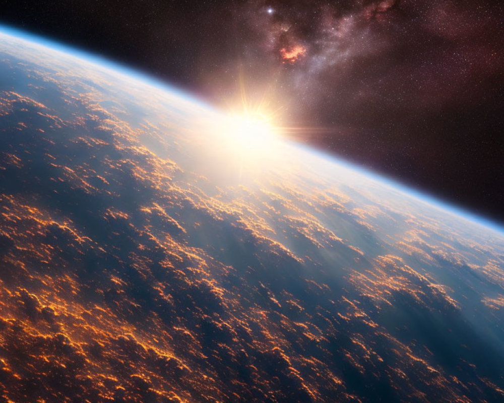 Glowing sunrise over Earth with illuminated clouds and starry space view