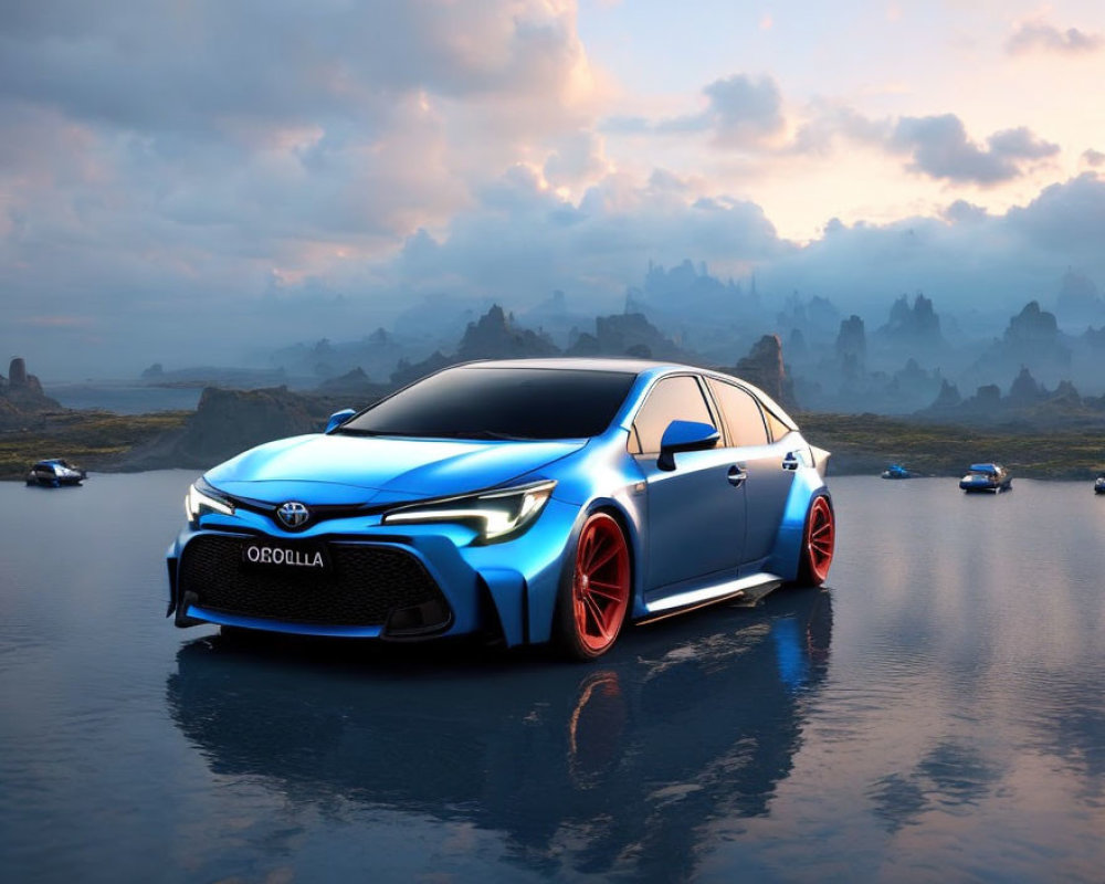 Blue Modified Toyota Corolla with Red Rims Parked on Reflective Water Surface