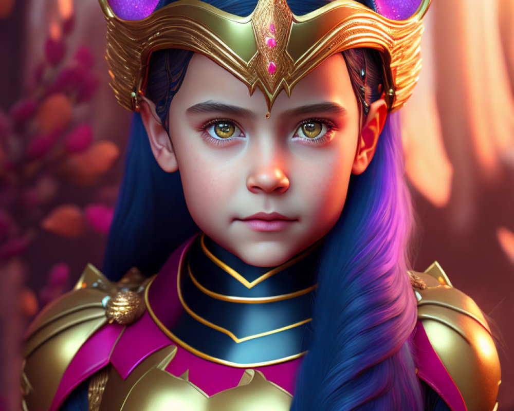 Young girl with blue and purple hair in golden fantasy armor and crown