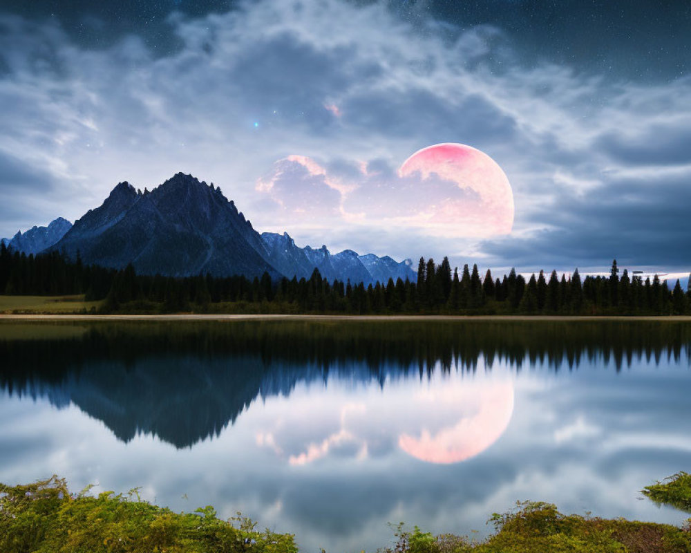 Twilight landscape with lake, mountain range, forest, starry sky, and reddish moon