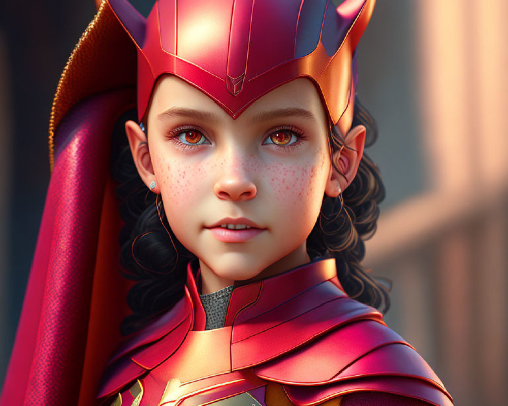 Detailed Red and Gold Superhero Costume with Winged Helmet on Young Girl