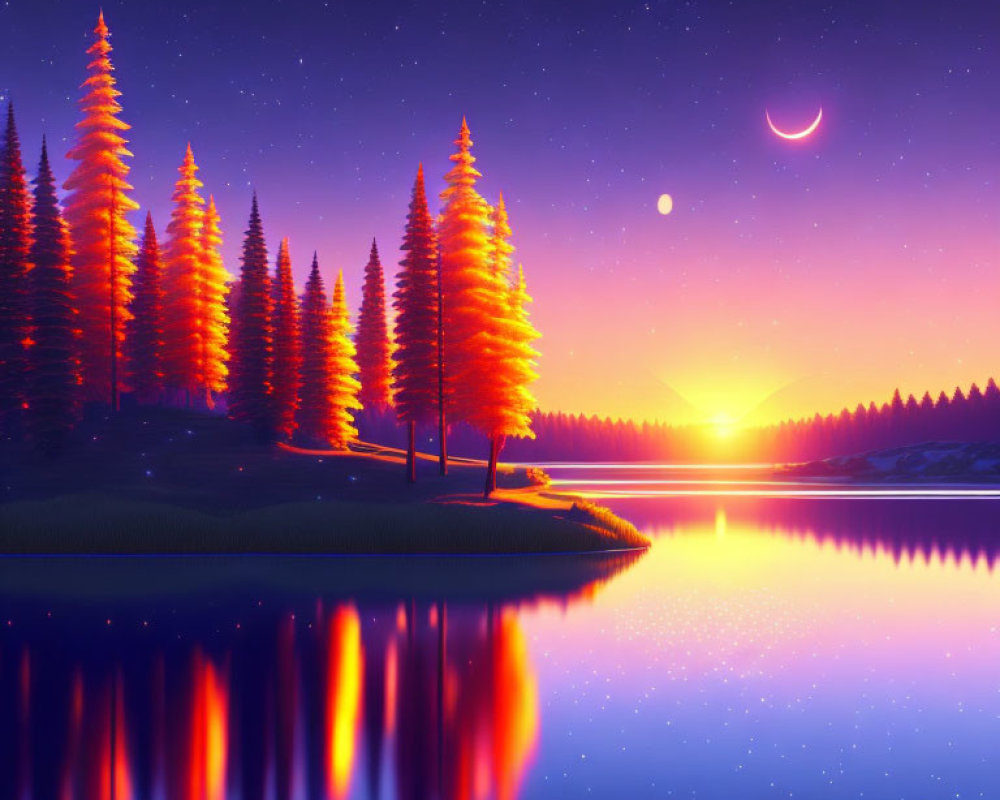 Tranquil lake at sunset with silhouetted pine trees under crescent moon