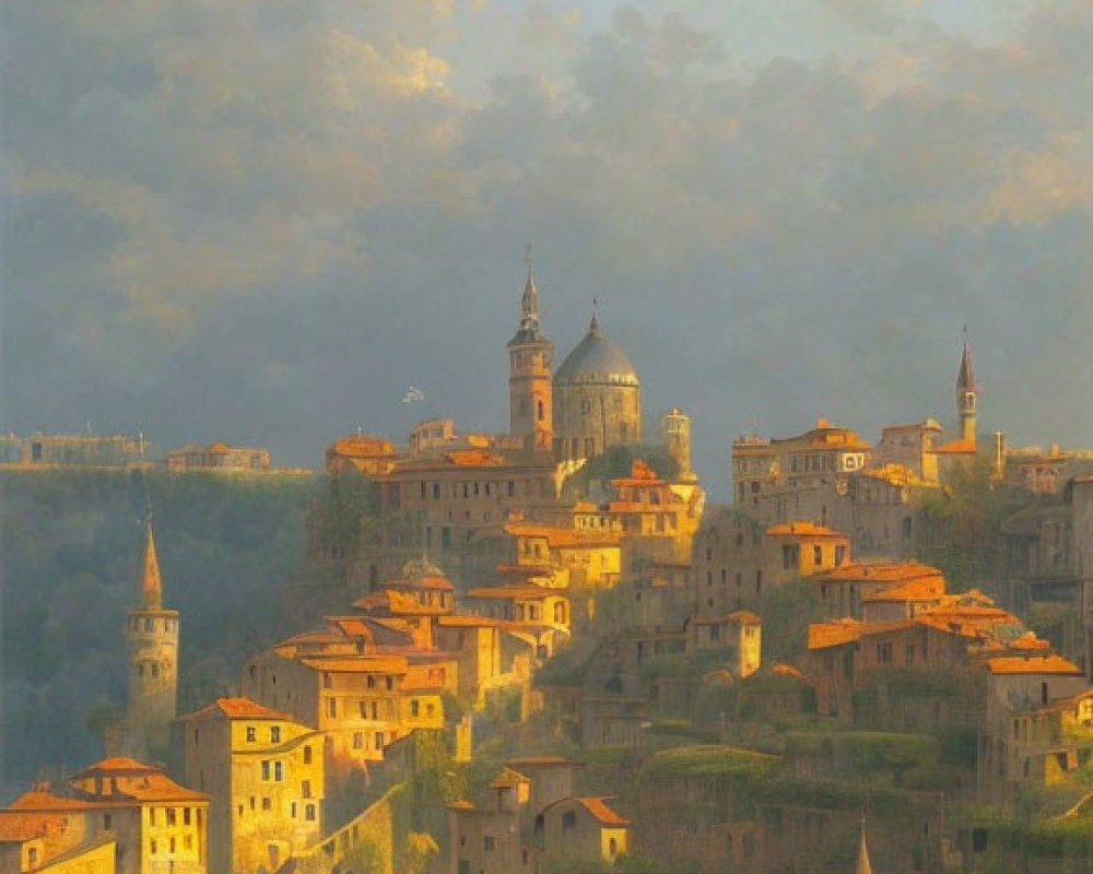 Golden-lit hilltop town painting with historic buildings and cathedral