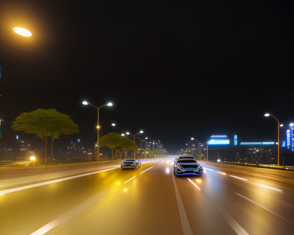 Urban night scene: glowing street lights, car light trails, illuminated signage.