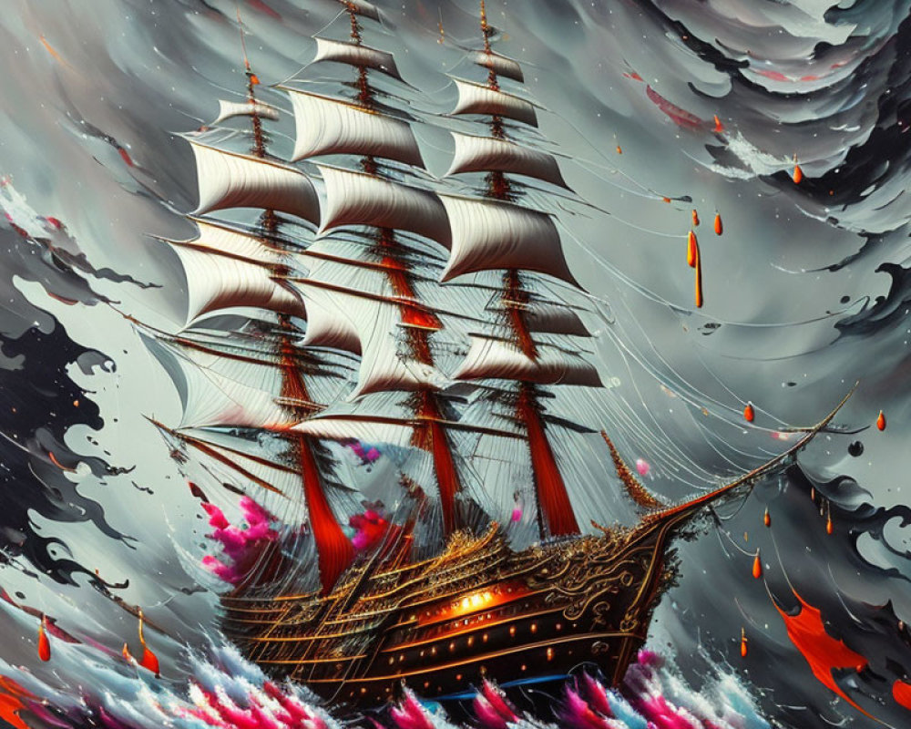 Ornate sailing ship navigating turbulent sea under dramatic sky