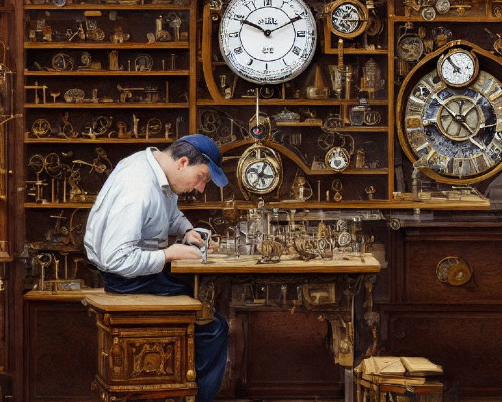 Skilled watchmaker in blue shirt at antique workshop with clocks and tools