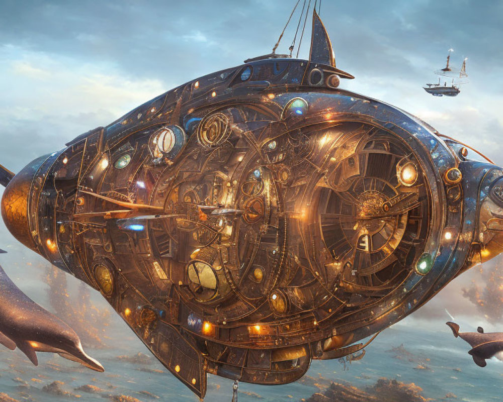 Fantastical fish-shaped airship amidst clouds with airborne whales