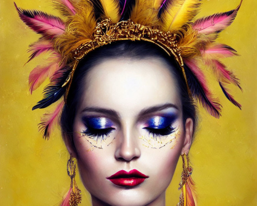 Colorful feather headdress woman with blue eyeshadow on yellow background